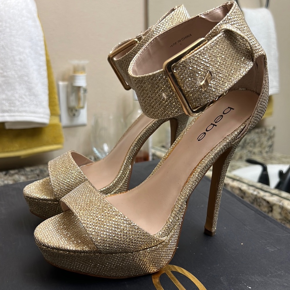 Bebe Heel, Gold, Worn Once, excellent Condition, original packaging